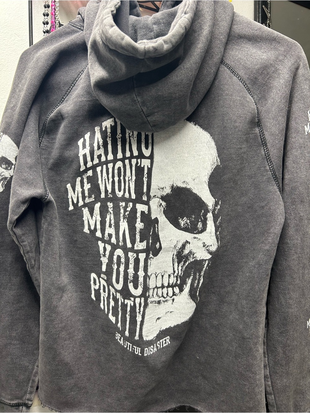Beautiful Disaster Black Washed Skull Graphic Hoodie - Picture 2 of 7